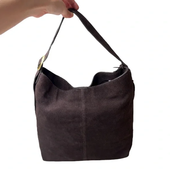 Chocolate Brown 100% Genuine Suede Leather Slouchy Hobo Bag Gold Buckle Strap - Picture 2 of 16